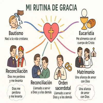 Mapa de los sacramentos: Bautismo, Eucaristía, Reconciliación, Orden sacerdotal y Matrimonio